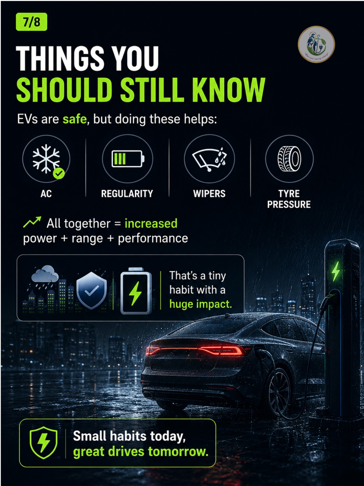 Electric vehicle driving safely through rain and waterlogged roads in Kerala